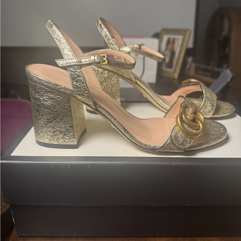 Elegant GUCCI Gold Block Heel Sandals